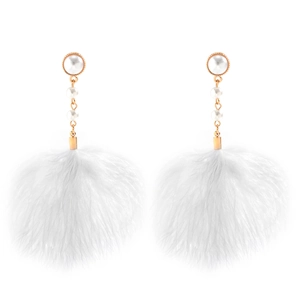 Detail of drop earrings with white faux pearls and soft feather tassels on gold-tone alloy