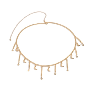 Detail of gold double-layered belly chain featuring matte star and moon fringe pendants