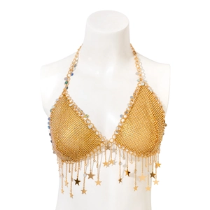 Golden mesh halter body chain with colorful sequins and hanging star fringe tassels