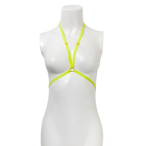 Détail de la chaîne de corps élastique jaune néon avec boucles en métal doré réglables