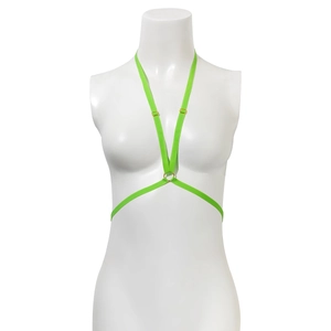 Vue détaillée du harnais de corps élastique vert fluo avec anneaux de réglage dorés