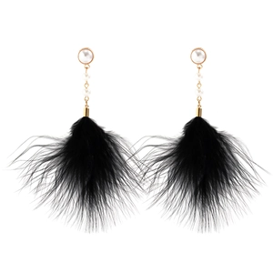 Detail of long drop earrings featuring white pearls and elegant black feather tassels