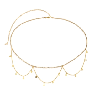 Detail of gold waist chain with rhinestones and hanging star pendants on white background