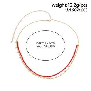 Double-layer body chain with red beads and golden metal cross tassels and measurements