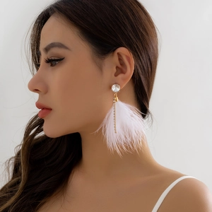 Detail of long drop earring with white feathers, clear crystal, and gold chain on model
