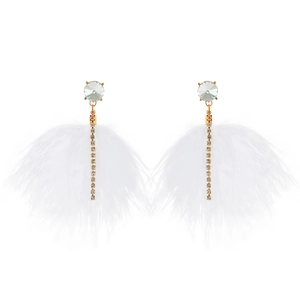 Detailed close-up of long white feather tassel earrings with sparkling rhinestone studs