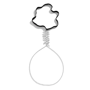 Detail of silver leaf thigh chain with black elastic band and layered metal jewelry chains