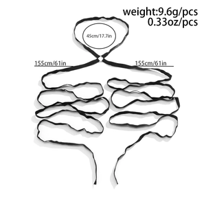 Detailed view of black elastic leg harness with metal rings and length measurements