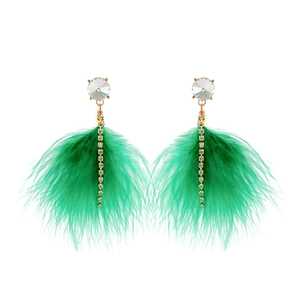Detail view of emerald green feather tassel earrings with crystal rhinestones