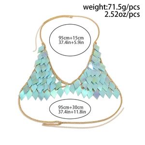 Detailed size and weight view of aurora sequins bikini body chain with measurements
