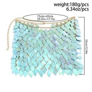 Iridescent light blue diamond sequin body chain detail with sizing and weight measurements