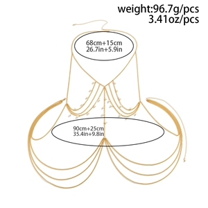Detailed layered gold body chain showing neck 68+15cm and waist 90+25cm dimensions