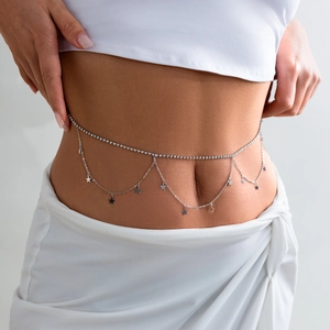 Silver layered body chain for women featuring sparkling rhinestones and star pendants