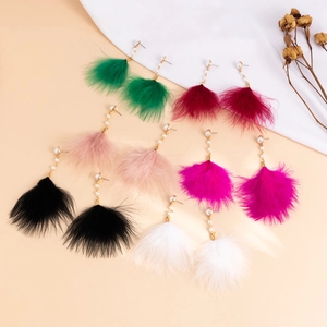 Bohemian feather tassel earrings with faux pearls and golden studs in multiple colors