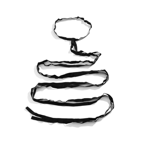 Detail of black elastic leg chain strap made of durable nylon with adjustable stretch