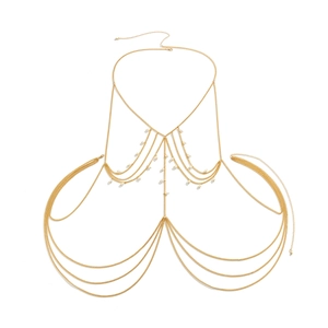 Detailed view of layered gold body chain featuring white pearls and adjustable clasp
