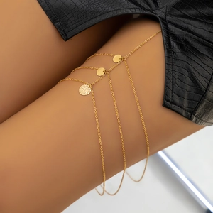 Sexy multi-layer gold leg chain with hammered metal disc charms and elastic band