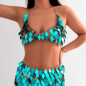 Close-up of golden mesh body chain set with vibrant sky blue diamond sequins
