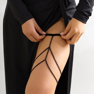 Sexy layered black thigh chain with elastic band and sparkling crystal details for women