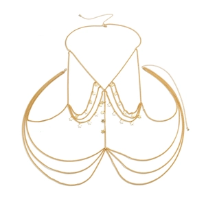 Detailed view of sexy gold layered body chain featuring polished star pendants and tassels