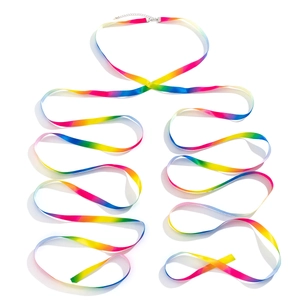 Detail view of colorful rainbow gradient ribbon body chain with adjustable silver lobster clasp