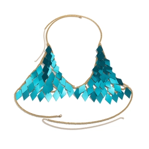 Detail of teal blue sequin body chain top with gold link chains for party wear