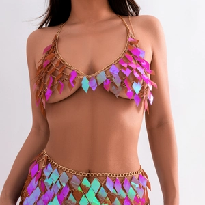Detail of holographic sequin body chain set with metallic links for festivals