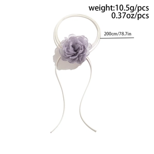 Detail of purple chiffon flower choker showing 200cm length and 10.5g weight specs