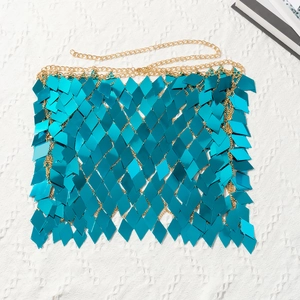 Detailed view of teal sequin rhinestone mesh mini skirt for beach and party wear