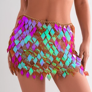 Iridescent diamond sequin mini skirt and body chain for beach festival and party outfits