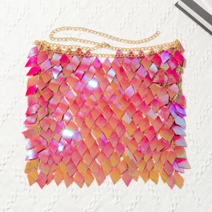 Detail of holographic rhombus sequins and golden metal chains on a body chain
