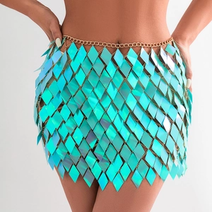Detail of iridescent sequin body chain skirt with tiffany blue diamonds and gold metal links