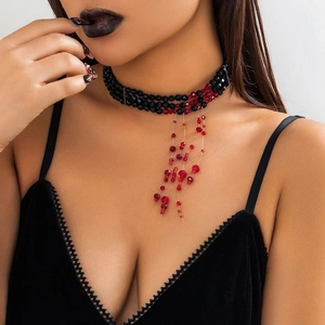 Gothic beaded choker with red blood drop tassels for Halloween jewelry accessory