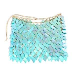 Detail of holographic rhombus sequins and golden metal chains on a stylish waist body chain