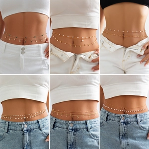 Sexy Westlich Mehrlagig Gold Taillenkette Für Damen Mode Strass Stern Mond Schmetterling Imitationsperle Körperkette Schmuck