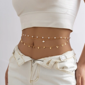 Mehrlagige goldene Taillenkette mit Schmetterlingen und Perlen für Damen
