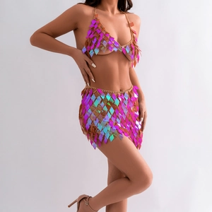 Holographic sequin bikini body chain set with diamond scales and gold metal links