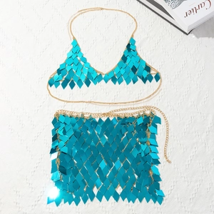 Blue sequin mesh bikini body chain set with gold links for women party wear