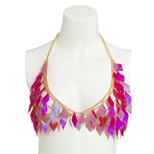 Holographic sequin body chain top with gold metal links and colorful diamond patterns