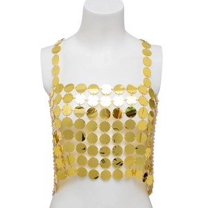 Damen Gold Spiegel Pailletten Kettenweste Top für Party und Festival Mode Design