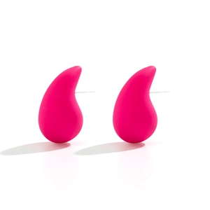 Detailed view of matte rose pink teardrop stud earrings with textured finish