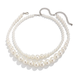 Close-up of layered pearl choker with silver adjustable clasp and elegant white pearls