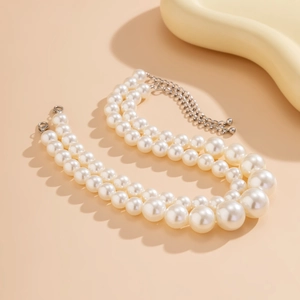 Exaggerated double layer white pearl choker necklace with adjustable silver clasp