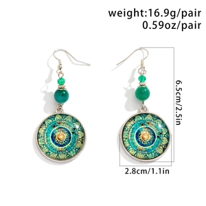 Detail view of vintage mandala earrings with size dimensions and weight specifications