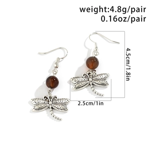 Detailed view of dragonfly earrings with dimensions and weight in vintage silver finish