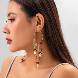 Boucles d'Oreilles Créoles Larges en Alliage d'Or Style Bohème Forêt Avec Pendentifs Glands de Champignon et de Feuille pour Femme