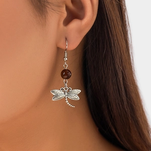 Vintage silver dragonfly drop earrings with brown beads in ethnic bohemian style
