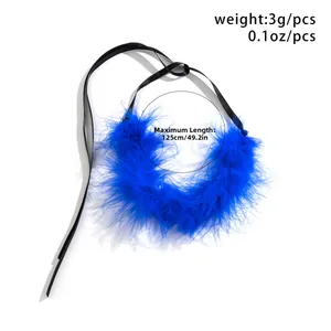 Λεπτομέρεια μπλε choker με πούπουλα και ρυθμιζόμενη μαύρη μεταξωτή κορδέλα 125cm