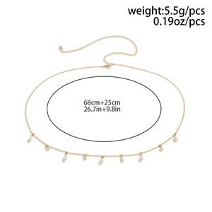 Detail of gold metal body chain with faux pearl teardrops and size marking 68cm+25cm