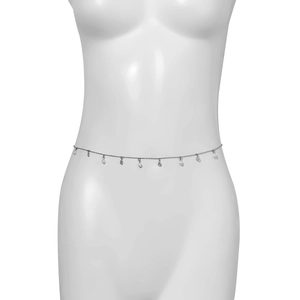 Silver metal waist chain with teardrop pearls shown on a white mannequin model